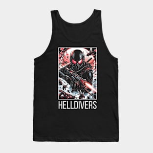 dynamic composition of Helldivers fighting against a swarm of insect-like aliens - fantasy Tank Top
